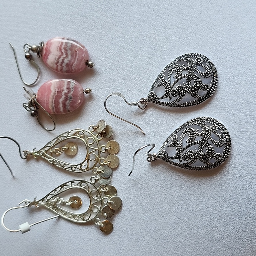 Elegant Silver and Pink Dangle Earrings Set of 3 pairs $49